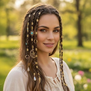 46PCS Boho Hair Charms Set, Gold Braid Rings & Dreadlock Beads, Festival Hair Jewelry, Viking Hair Accessories, Hippie Hair Decor