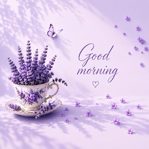 May include: A white porcelain teacup and saucer decorated with purple floral patterns, filled with a bouquet of purple lavender sprigs. The scene features a purple butterfly, scattered small purple flowers, and the text Good morning.