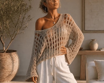 Oversized Crochet Sweater, Women Loose Knit Pullover, Open Mesh Long Sleeve Top, Boho Beach Cover Up, Summer Festival Shirt, Resort Wear