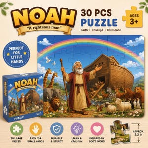 Könnte beinhalten: Ein 30-teiliges Puzzle mit einer farbenfrohen Illustration von Noah, einer großen hölzernen Arche und verschiedenen Tieren unter einem Regenbogen. Die Schachtel zeigt den Text NOAH A righteous man, 30 PCS PUZZLE und AGES 3+. Ein Puzzleteil zeigt ein Maß von 5,6 cm.