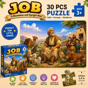 Könnte beinhalten: Ein 30-teiliges Puzzle mit dem Titel JOB A Blameless and Upright Man, das einen bärtigen Mann, ein Kamel, einen Esel, Schafe und eine Familie zeigt. Die Schachtel und das Puzzle tragen die Aufschrift Faith, Courage, Obedience und Ages 3+. Ein einzelnes Puzzleteil zeigt ein Schaf, wobei ein Lineal eine Höhe von 5,6 cm anzeigt.