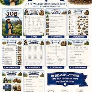 May include: A 10-page Bible story activity book titled The Story of Job. The pages feature illustrations of Job, mazes, copywork, picture hunts, matching activities, word searches, crosswords, fill-in-the-blanks, sequencing, and true or false exercises.