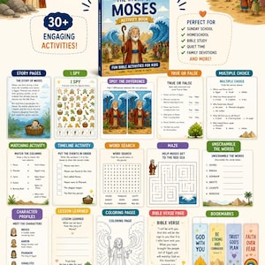 Könnte beinhalten: Das Aktivitätsbuch The Story of Moses zeigt auf dem zentralen Cover eine Illustration von Mose, der das Rote Meer teilt. Das Layout präsentiert verschiedene Lernseiten, darunter I Spy, Richtig oder Falsch, Wortsuchrätsel, Labyrinthe, Ausmalbilder und Lesezeichen.