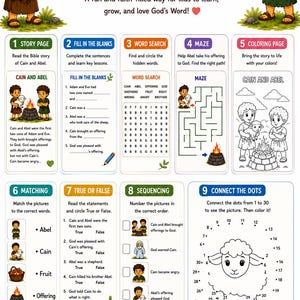 May include: An educational activity book page titled What's Inside of This Activity Book? featuring nine sections including story, fill in the blanks, word search, maze, coloring, matching, true or false, sequencing, and connect the dots with illustrations.
