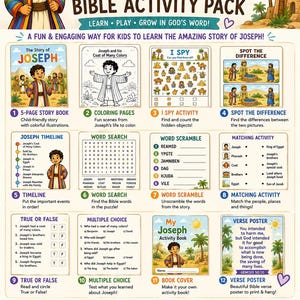 Peut inclure: Un pack d'activités bibliques sur Joseph comprenant douze éléments éducatifs dont un livre d'histoires, des coloriages, des mots mêlés, des mots croisés, des jeux d'association, des quiz vrai ou faux, des QCM et une affiche avec Genèse 50:20.