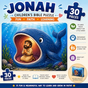 Puede incluir: Un rompecabezas de 30 piezas titulado JONAH CHILDREN'S BIBLE PUZZLE. La caja muestra una gran ballena azul con la boca abierta y un hombre arrodillado dentro. El diseño incluye texto, iconos y una imagen pequeña de la caja.