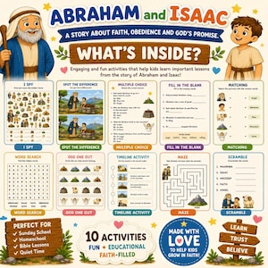 May include: A colorful educational activity sheet titled Abraham and Isaac featuring ten interactive games including I Spy, spot the difference, multiple choice, fill in the blank, matching, word search, odd one out, timeline, maze, and word scramble.