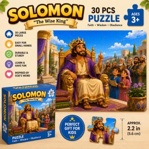 Può includere: Un puzzle da 30 pezzi intitolato Solomon The Wise King con una colorata illustrazione di un re su un trono con un gruppo di persone. Sono mostrati la scatola e un singolo pezzo del puzzle, con il pezzo che misura circa 5,6 cm.