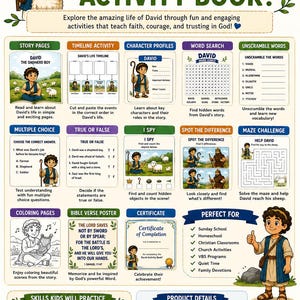 Puede incluir: Una guía de libro de actividades titulada WHAT'S INSIDE THIS ACTIVITY BOOK? con ilustraciones de David el joven pastor. Muestra secciones como páginas de historias, líneas de tiempo, sopas de letras, laberintos y páginas para colorear con detalles.