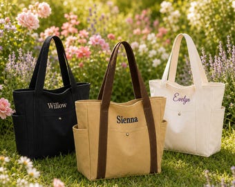 名前刺繍入りカスタムトートバッグ（ポケット付き）、ブライズメイド/母の日ギフト、独身パーティー