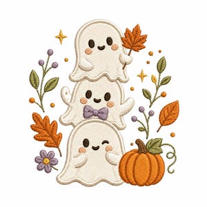 Borduurpatroon met gestapelde spookjes en pompoenen, Halloween herfst borduurmachine ontwerp