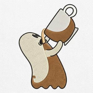 Ghost Coffee Embroidery Design – Cute Ghost Pouring Coffee Machine Embroidery File