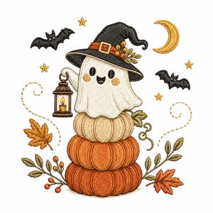Heks, spook, pompoenstapel, Halloween machineborduurpatroon, herfst