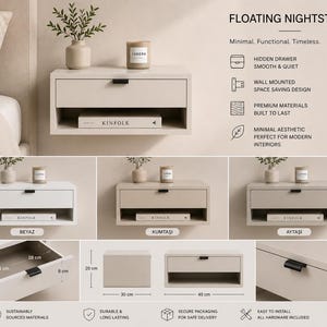 Pode incluir: Uma mesa de cabeceira flutuante montada na parede com uma gaveta única com puxador preto e uma prateleira aberta abaixo. A unidade é apresentada nas cores branca, areia e pedra, com dimensões de 20 cm por 30 cm por 45 cm e interior de gaveta de 28 cm por 33 cm por 8 cm.