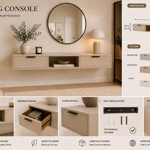 May include: A wall-mounted floating console with two drawers and a central open storage compartment. The unit measures 120 cm wide, 30 cm deep, and 22 cm high. It features a smooth finish, black drawer handles, and is available in moonstone, sandstone, or white.