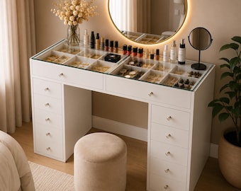 Tocador de maquillaje de 12 cajones con tapa de cristal / Tocador blanco con organizador de joyas / Tocador moderno / Tocador para dormitorio / Listo para enviar