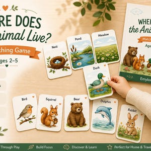 Könnte beinhalten: Ein Zuordnungsspiel mit dem Titel Where Does the Animal Live? bestehend aus illustrierten Karten mit Tieren wie Vogel, Eichhörnchen, Bär, Delfin und Kaninchen sowie Lebensraumkarten für Nest, Teich und Wiese und einem passenden Spielheft.