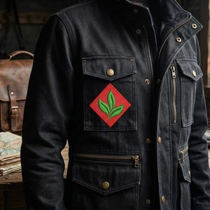 Könnte beinhalten: Eine schwarze Utility-Jacke mit Stehkragen, mehreren Taschen mit messingfarbenen Druckknöpfen und vertikalen Reißverschlussfächern. Auf der Brust befindet sich ein rautenförmiger Aufnäher mit rotem Hintergrund und einem grünen Dreiblatt-Motiv.