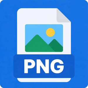 May include: A white document icon with a folded top right corner, featuring a centred graphic of green mountains and a yellow sun against a blue sky. Below the graphic, a blue horizontal bar displays the white text PNG in bold capital letters.
