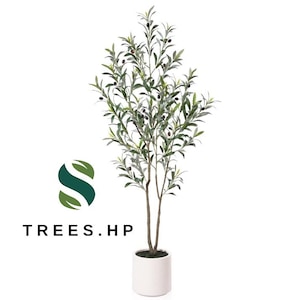 May include: An artificial olive tree with slender green leaves and small dark olives on thin brown branches. The tree is planted in a simple white cylindrical pot. To the left, a green leaf logo is displayed above the text TREES.HP.