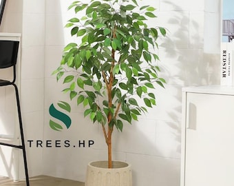Artificial Ficus Tree with Natural Wood Trunk – Lifelike Silk Faux Potted Tree for Home and Office Decor