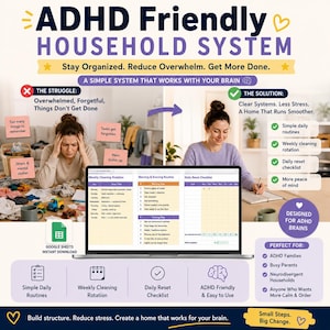 May include: An ADHD Friendly Household System digital planner displayed on a laptop screen, featuring a weekly cleaning rotation, morning and evening routines, and a daily reset checklist, with text overlays describing organisational strategies.