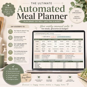Automatiserad Google Sheets-måltidsplanerare | Enkel veckomall för menyer med automatisk inköpslista och budgetspårning för upptagna mammor