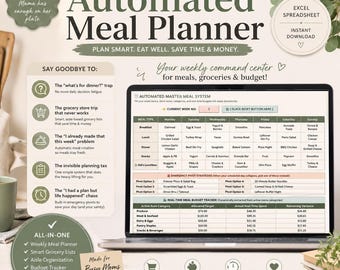 Planificateur de repas automatisé Google Sheets | Modèle de menu hebdomadaire simple avec liste de courses automatique et feuille de calcul de suivi du budget pour les mamans occupées