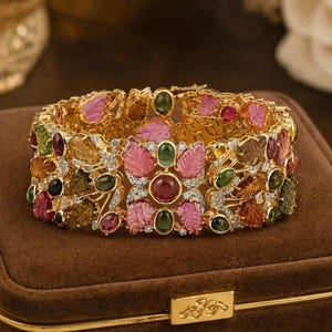 22K Gold Multi-Tourmaline Diamond Cuff Bracelet, Statement Gemstone Jewelry