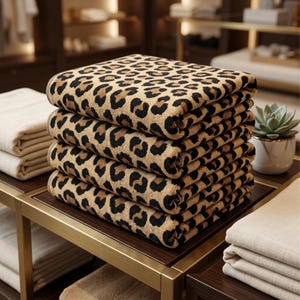 May include: A stack of four folded towels featuring a tan and brown leopard print pattern with black spots. The towels are neatly layered on top of each other, displaying a consistent animal print design across the entire surface of each folded piece.