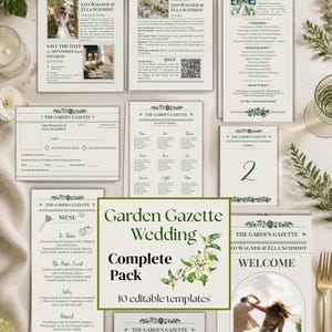 Könnte beinhalten: Eine Sammlung von Hochzeitspapeterie-Vorlagen mit dem Titel The Garden Gazette, bestehend aus weißem Papier mit dunkelgrünem Text, floralen Rändern und Platzhaltern für Fotos, Menüs, Sitzpläne und RSVP-Karten für Leo Wagner und Ella Schmidt.