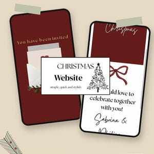 Könnte beinhalten: Zwei Smartphone-Bildschirme zeigen digitale Weihnachtseinladungen mit dunkelroten und weißen Hintergründen. Die Bildschirme enthalten Text wie You have been invited, Christmas und would love to celebrate together with you, sowie Grafiken eines Umschlags, einer roten Schleife und eines Weihnachtsbaums.