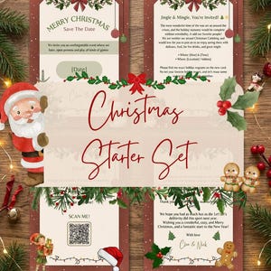 Könnte beinhalten: Ein Weihnachts-Briefpapier-Set bestehend aus mehreren Karten mit festlichen Illustrationen von Weihnachtsmann, Lebkuchenmännern und Stechpalmen. Die Karten enthalten Texte wie Merry Christmas, Jingle & Mingle und Scan Me mit einem QR-Code.