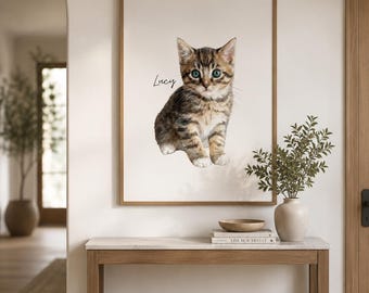 Ritratto personalizzato di gatto in tonalità acquamarina, in formato poster, regalo ideale per gli amanti dei gatti.