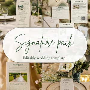 Könnte beinhalten: Eine Sammlung von Hochzeitspapeterie-Vorlagen mit dem Titel The Garden Gazette, bestehend aus cremefarbenem Papier mit dunkelgrünem Text, floralen Akzenten, Wachssiegeln, Umschlägen und Menükarten, präsentiert in einer Collage von Tischdekorationen.