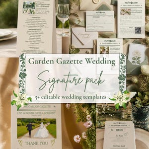 Könnte beinhalten: Eine Sammlung von Hochzeitspapeterie-Vorlagen mit dem Titel The Garden Gazette, bestehend aus Programmen, Menüs und Einladungen in Creme und Salbeigrün. Das Set enthält Umschläge mit Wachssiegeln, Blumenillustrationen und Textfeldern.