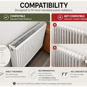 May include: An infographic titled COMPATIBILITY showing a white panel radiator as compatible and cast iron column radiators as not compatible. It includes diagrams for a 2-4 cm space, shelf thickness of 15 mm and 20 mm, and bracket usage.