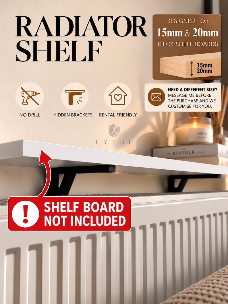Radiator Shelf BRACKET | No Drill Hidden Mount | Shelf NOT Included | ABS | Floating Support | 3D Printed image 1