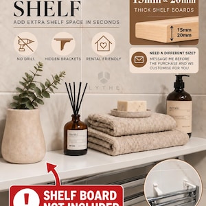Könnte beinhalten: Ein weißes Heizkörperregal mit verdeckten Halterungen für 15mm und 20mm dicke Regalböden. Der Text lautet: RADIATOR SHELF, NO DRILL, RENTAL FRIENDLY, SHELF BOARD NOT INCLUDED und ALSO WORKS ON TOWEL RAILS. Das Bild zeigt ein Regal auf einem Heizkörper.