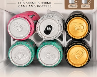 May include: A white plastic can holder organizer holding six beverage cans in a refrigerator. The text reads CAN HOLDER, FITS 500ML & 330ML CANS AND BOTTLES, FITS BOTH SIZES, FITS 500ML & 330ML, MAXIMIZE SPACE, DURABLE & LONG LASTING, EASY TO USE & CLEAN.