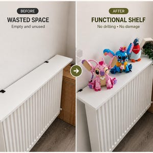 May include: A white radiator shelf with black mounting brackets attached to a vertical ribbed radiator. The left side shows empty space, while the right side displays the shelf holding two colorful character figures and a small potted plant.