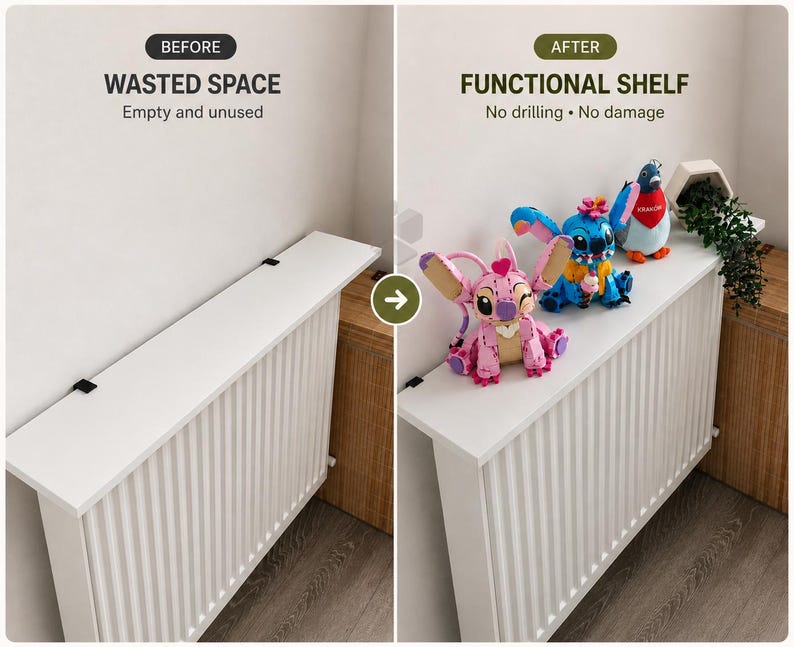May include: A white radiator shelf with black mounting brackets attached to a vertical ribbed radiator. The left side shows empty space, while the right side displays the shelf holding two colorful character figures and a small potted plant.