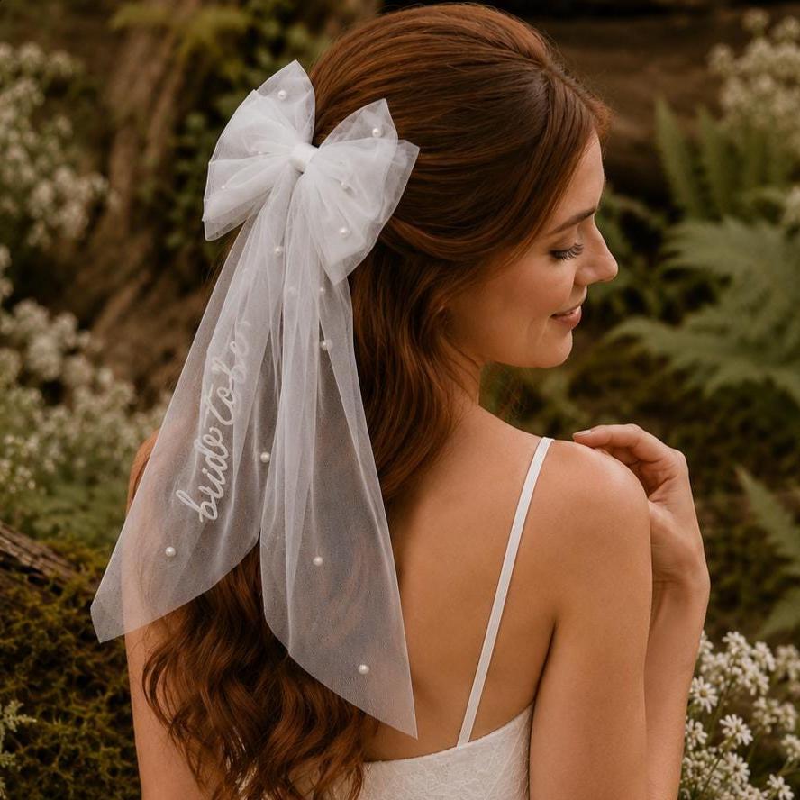Bride to Be Bow Veil Hair Clip, White Tulle Bachelorette  display picture 2