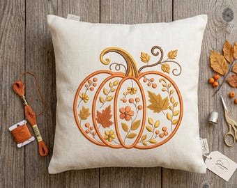 Floral Autumn Leaves Pumpkin Embroidery Design - Fall Harvest Machine Embroidery Pattern