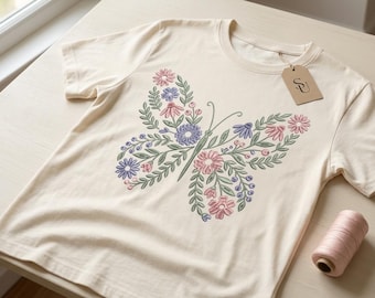 Floral Butterfly Embroidery Design - Botanical Insect Machine Embroidery Pattern