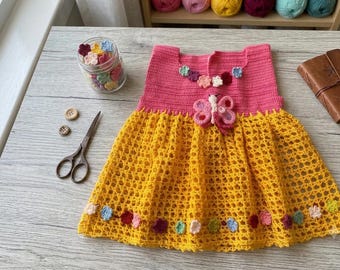 Crochet Butterfly Dress Pattern – Pink Bodice, Yellow Lace Skirt (PDF Download)