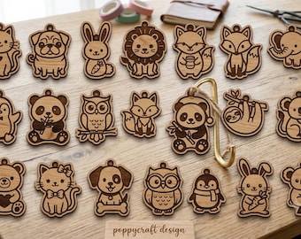 Kawaii Animal Keychain SVG Bundle – Laser Cut Wood Animals, Tassel Engraving Designs (Digital Download)