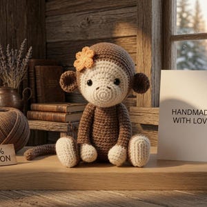 Puede incluir: Un mono de ganchillo en color marrón y crema con una pequeña flor naranja en la cabeza. Junto al mono hay una tarjeta blanca con el texto "HANDMADE WITH LOVE" y una etiqueta que dice "100% COTTON" junto a un ovillo de lana marrón.