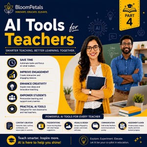 May include: A dark blue and yellow educational infographic titled AI Tools for Teachers Part 4. It features text about saving time, improving engagement, and enhancing creativity, alongside icons and a photo of two educators in a classroom setting.