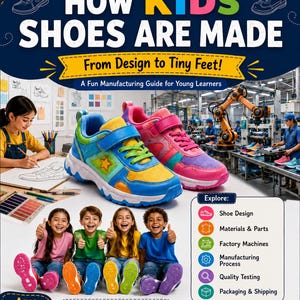 Puede incluir: Un libro titulado How Kids Shoes Are Made From Design to Tiny Feet con una zapatilla azul y amarilla y una rosa y morada en la portada. La portada muestra niños dibujando, una escena de fábrica y pasos de fabricación.